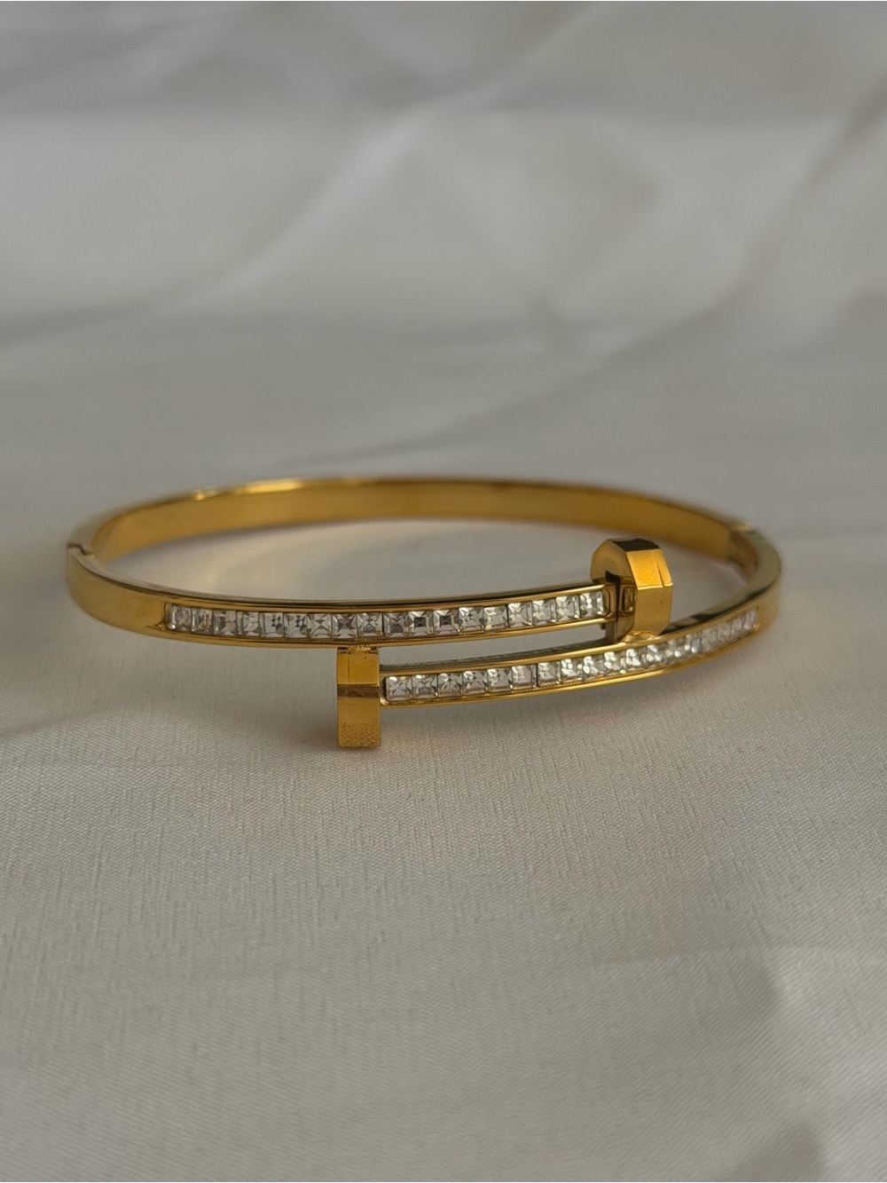 Gold-Tone Rhinestone Nail Bangle Bracelet Hinged Cuff - New with Defects